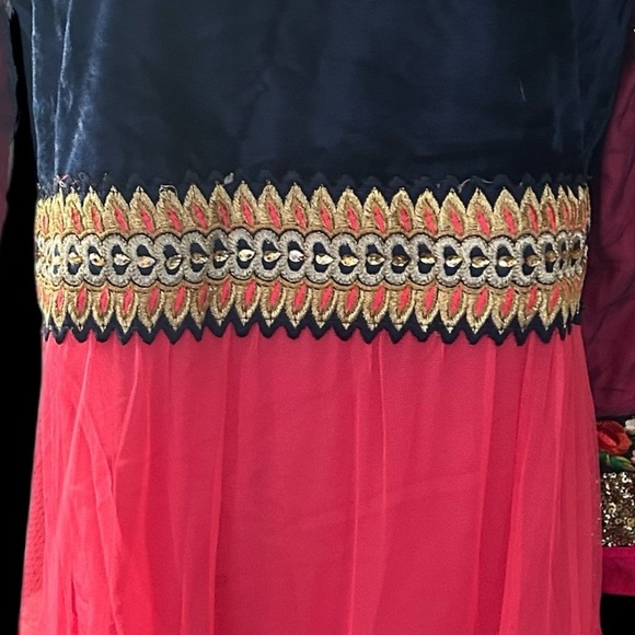 Raspberry Long Anarkali Dress with Floral Aari Embroidery and Velvet Bustier - Picture 10 of 12